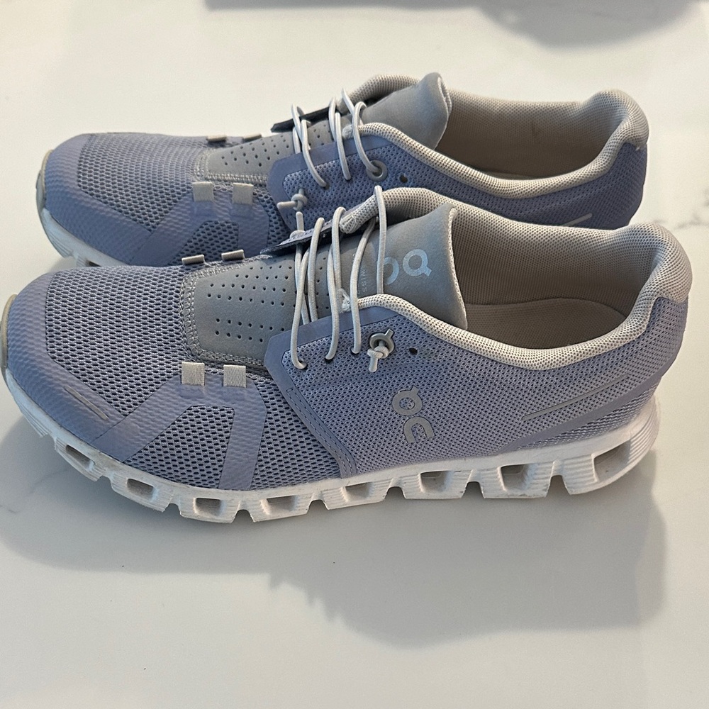 On Running Purple and White Athletic Shoes